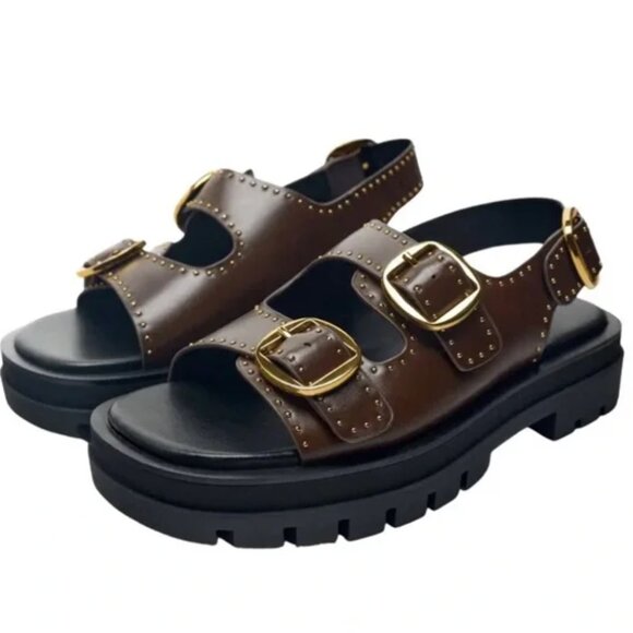 Zara Buckled Chunky Lug Sole Leather Sandals Brown Gold EU 38 / US 8 - Picture 1 of 8